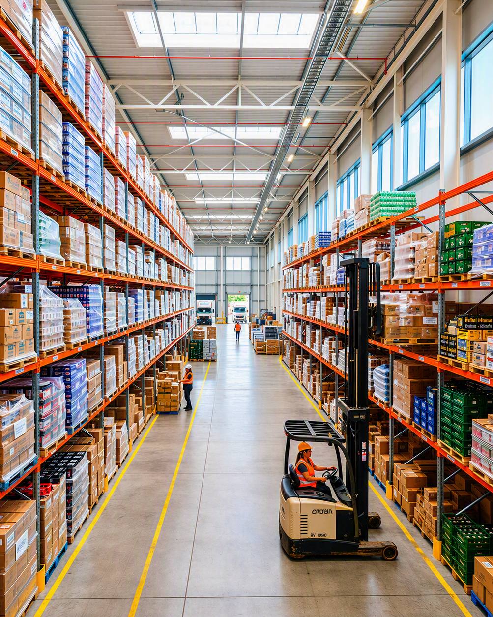 Reach truck lifting a pallet in a narrow aisle between fully stocked racking runs