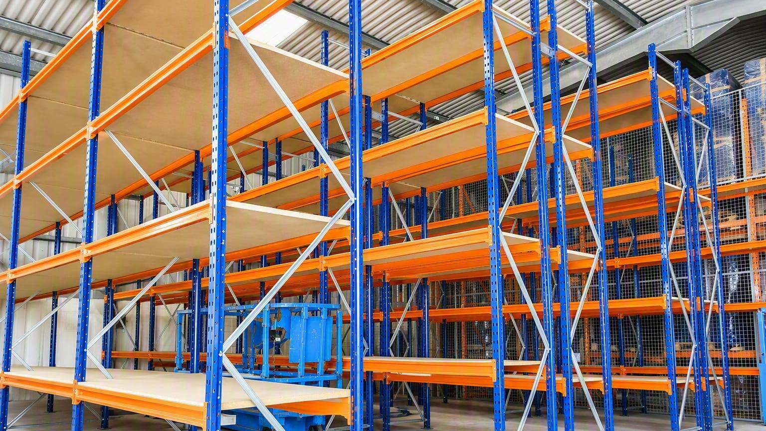 Run of modular shelving installed in a customer warehouse