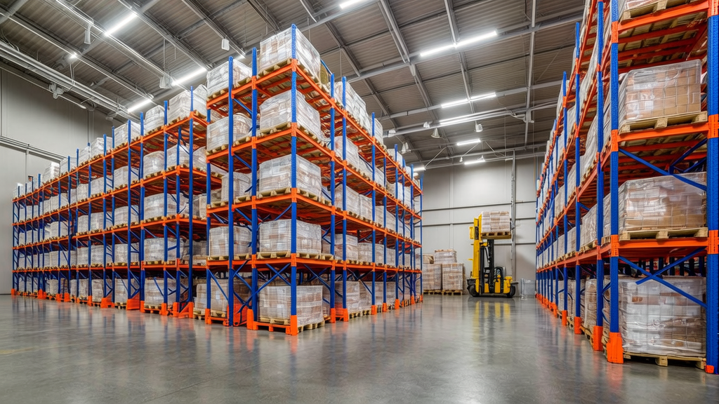 Loaded pallet racking bays in a modern warehouse