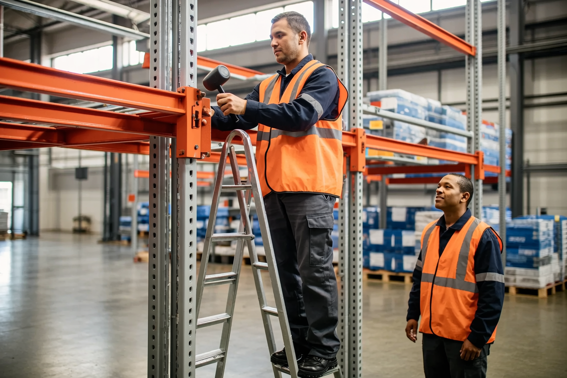 Rack King installers fitting a pallet racking beam