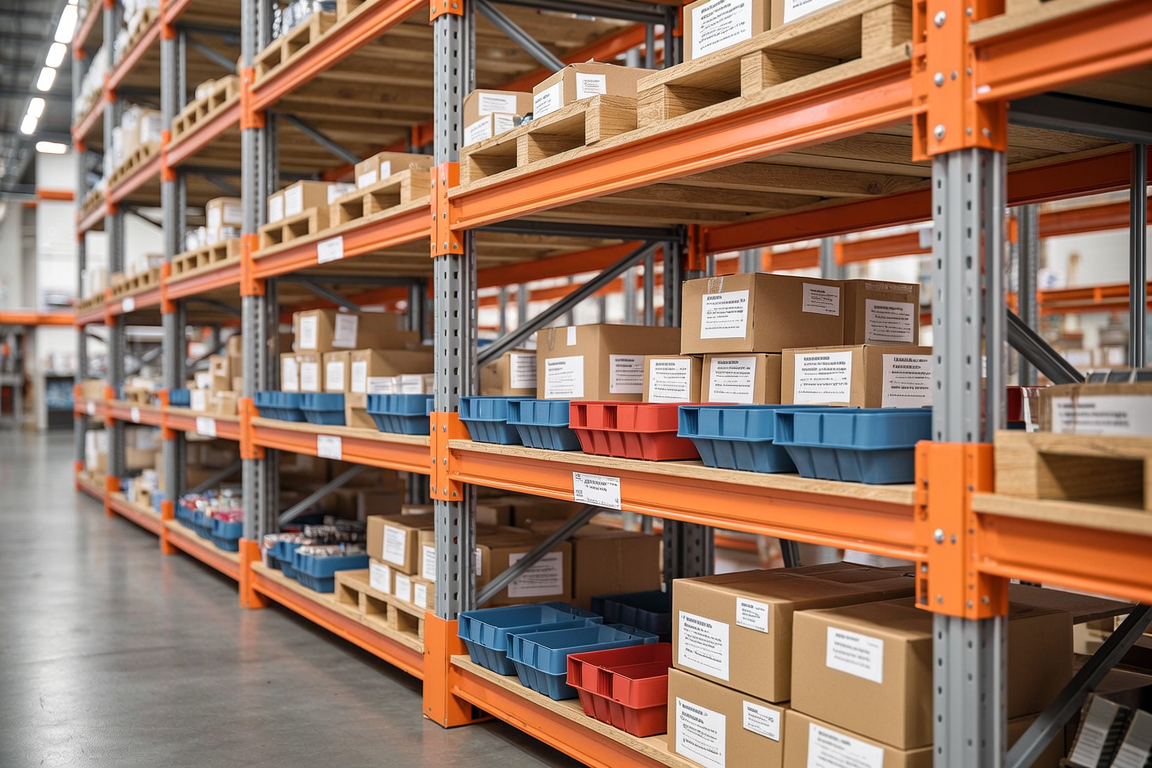 Long span shelving bays with timber inserts stacked with boxes