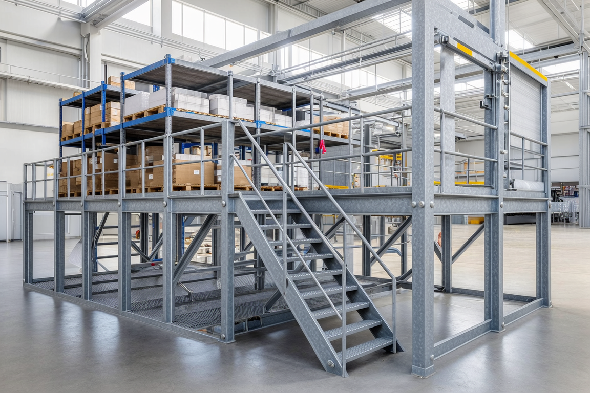 Steel mezzanine floor with staircase and pallet gate
