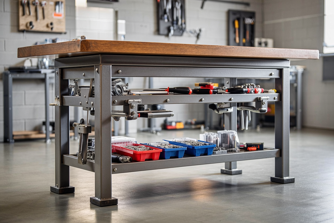 Heavy-duty workbench with steel frame and timber top